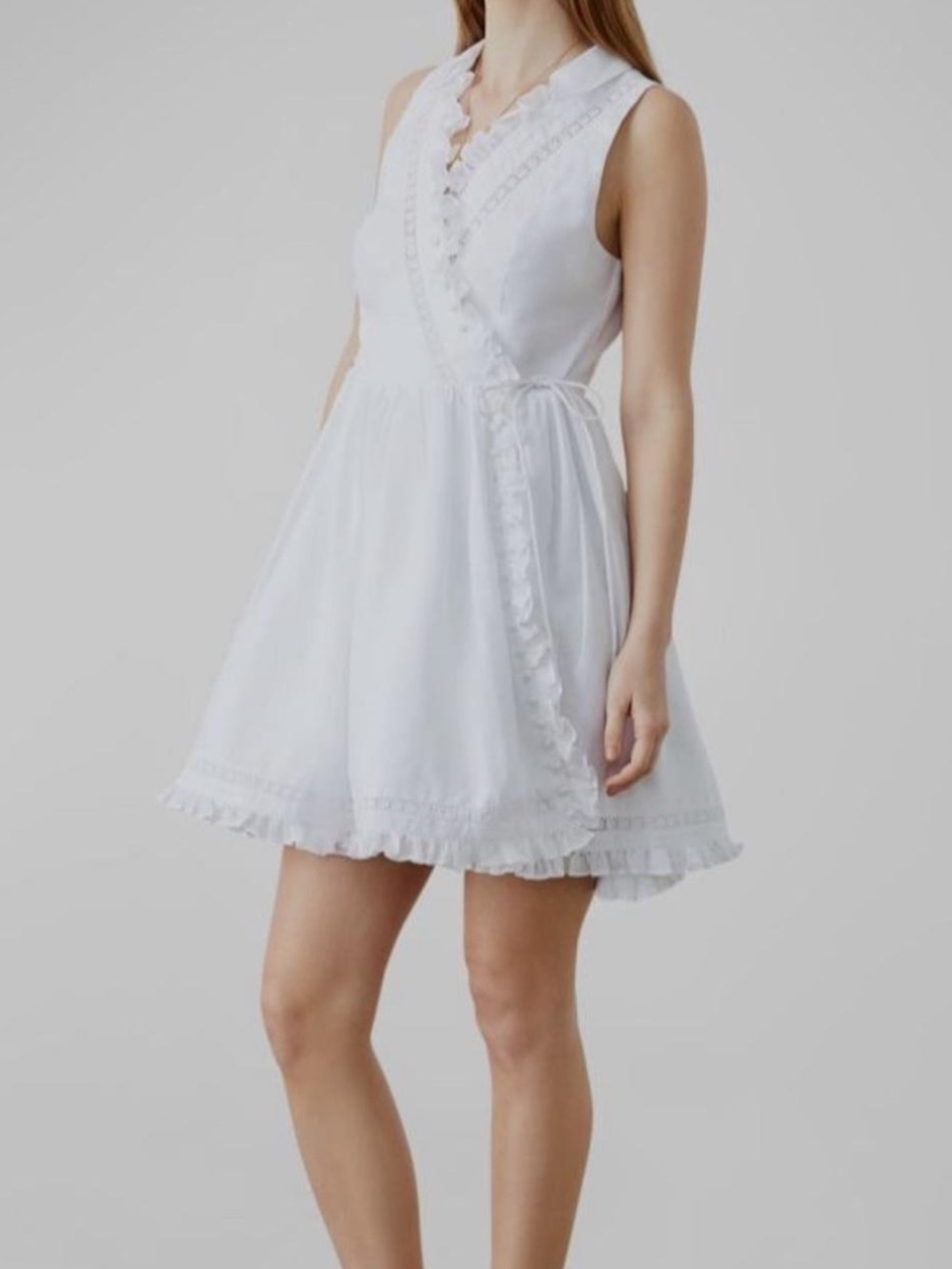Joslin white lace ruffled wrap linen dress